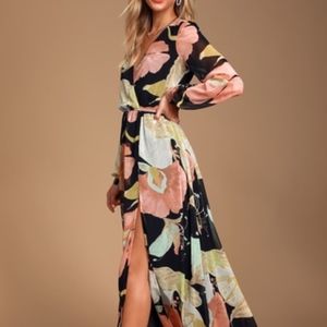 Wondrous Water Lilies Black Floral Print Maxi Dres
